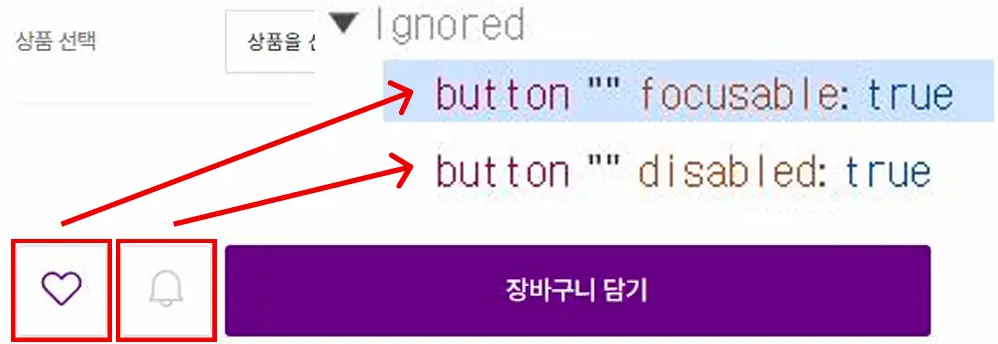 찜하기, 재입고 알림 아이콘 버튼의 설명이 제공되지 않아 스크린 리더에서 공란으로 표시됨